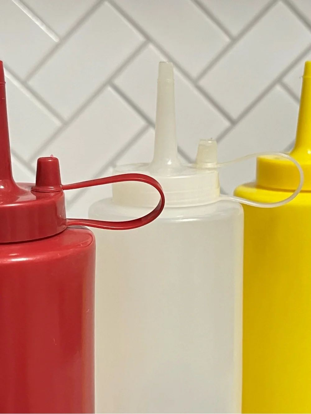Set of 3 Plastic Squeeze Condiment Bottles Red Yellow White Restaurant Style